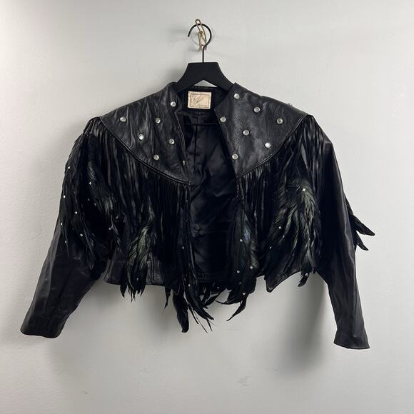 Vintage Woman’s Leather Stud Feather Cropped Biker Western Fringed Jacket - Picture 1 of 7